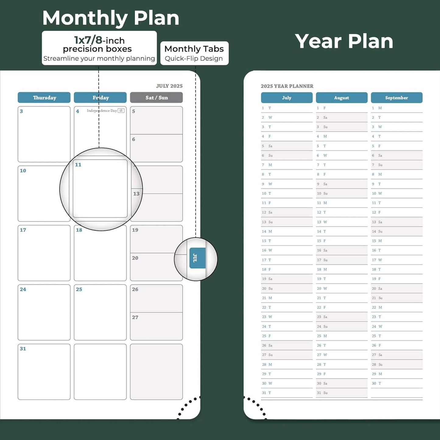 Planner 2025-2026 Daily Weekly and Monthly,6.5"x3.75",18 Months Spiral Bound Calendar Agenda with Self-adhesive Pen Holder,2026 Academic Plan with Vegan Leather Soft Cover,Green