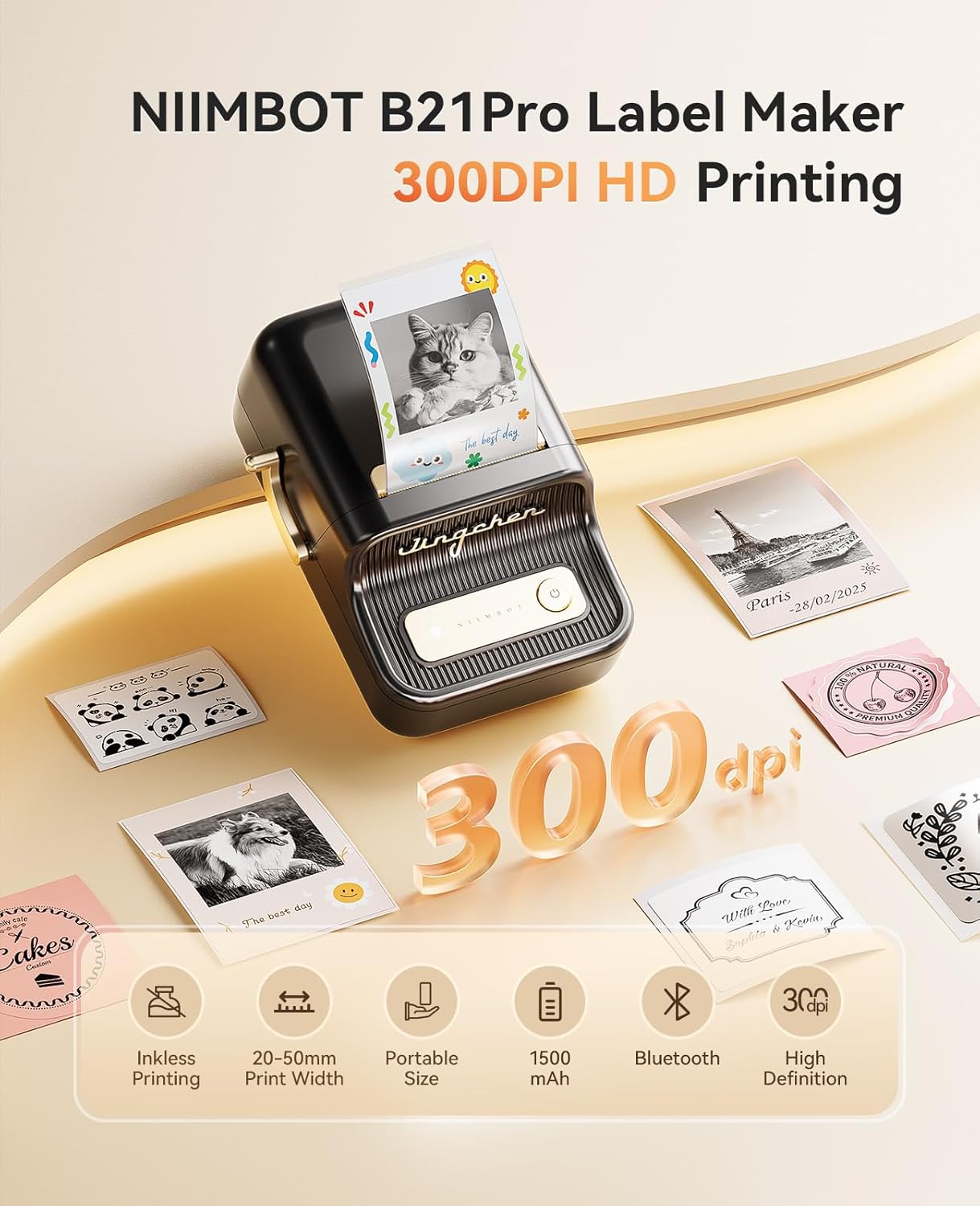 NIIMBOT B21 Pro Label Maker, 300DPI HD Label Printer, Ideal for Notes,Photos, Study Graphics, Memo Maker,50x30mm Label,230Pcs(Black)