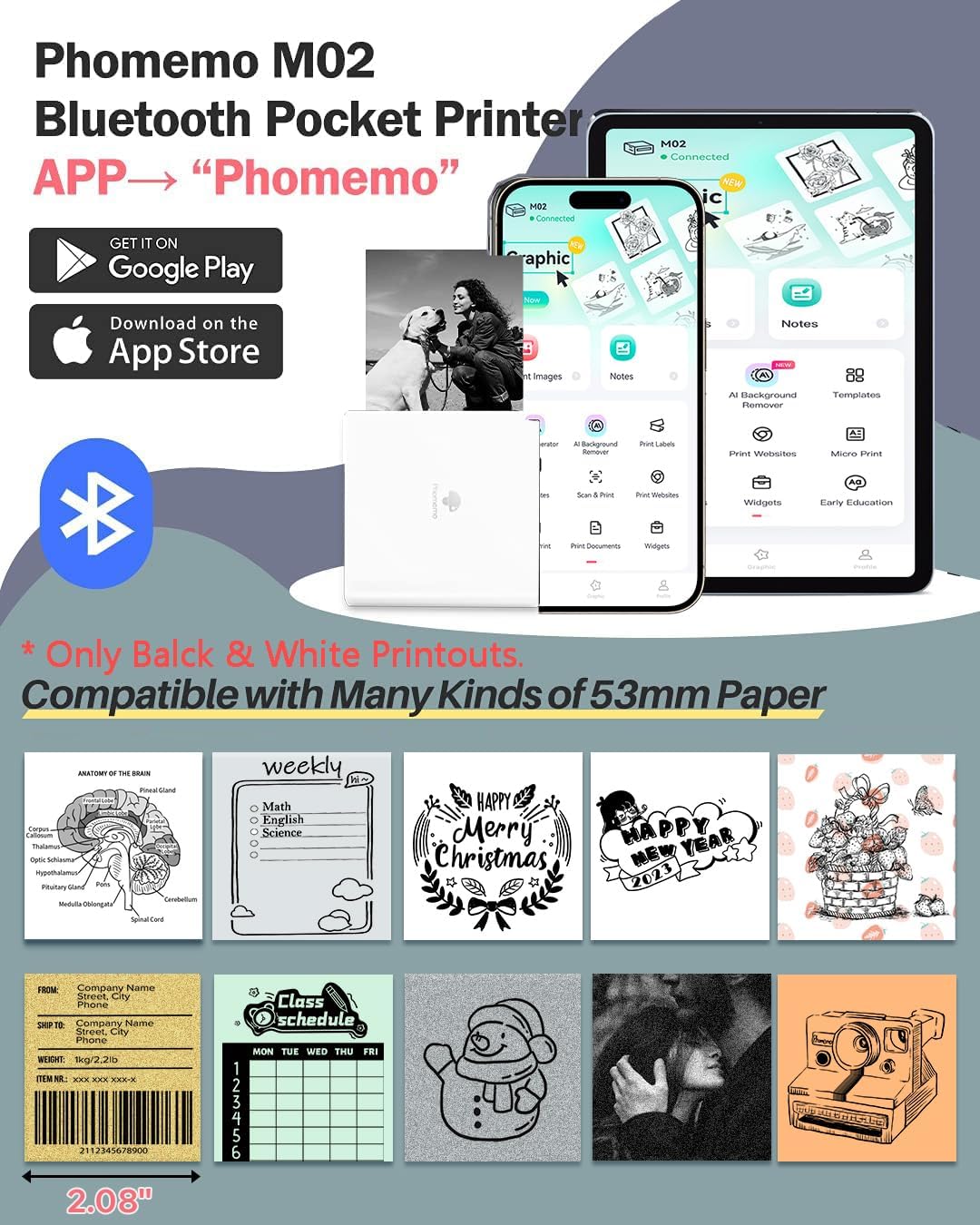 Phomemo Mini Sticker Printer- Mini Printer Sticker Maker Machine M02, Print Pods Suitable for Creative DIY, Diaries, Photos, Study Notes, Portable Thermal Inkless Label Maker for Home/Travel, White