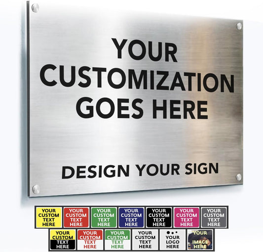 Custom Outdoor Aluminum Signs, Personalized Business Signs, Waterproof Silver Brushed Metal 14x10 In