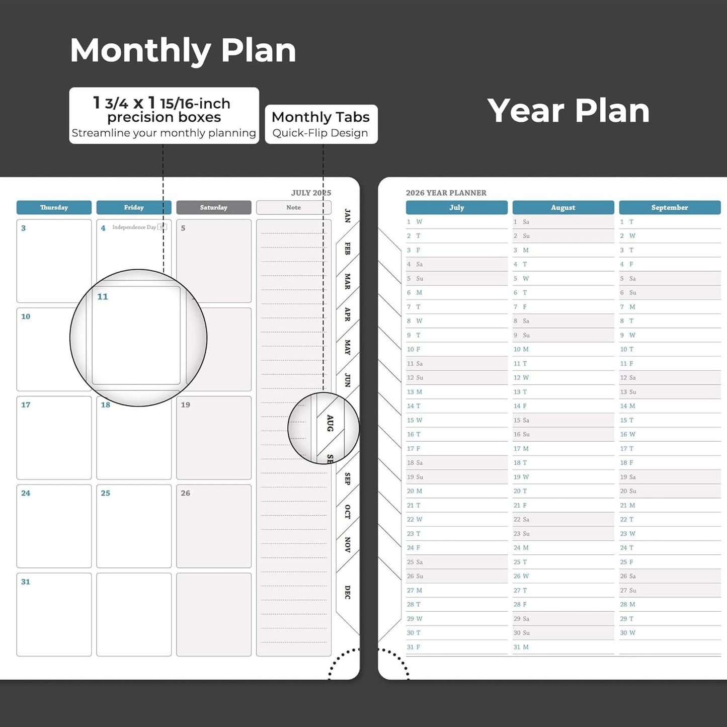 Planner 2025-2026 Daily Weekly and Monthly,11.5"x8.5",18 Months Spiral Bound Calendar Agenda with Self-adhesive Pen Holder,2026 Academic Plan with Vegan Leather Soft Cover,Black