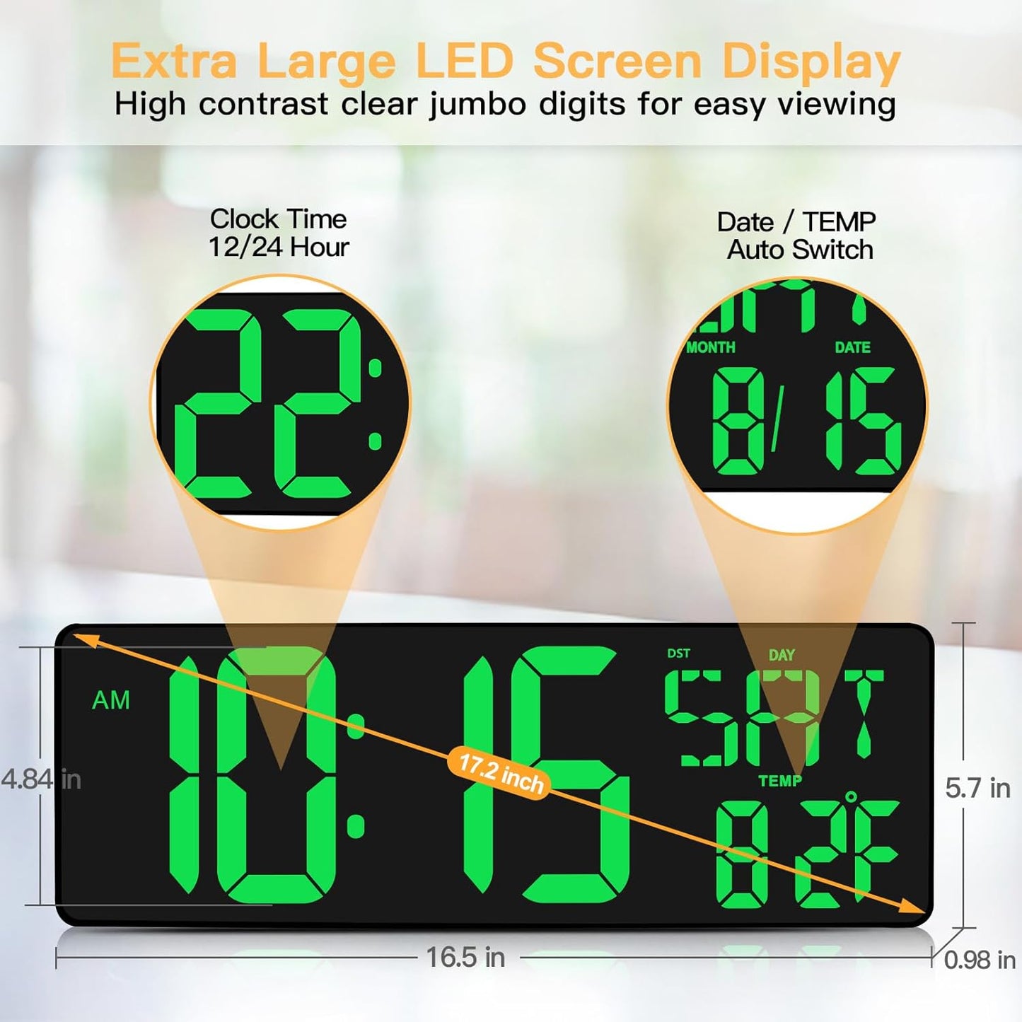 XREXS Large Digital Wall Clock with Remote Control, 16.5 Inch LED Display, Count Up & Down Timer, Adjustable Brightness, Plug-in Alarm Clock with Day/Date/Temperature for Home, Gym, Classroom