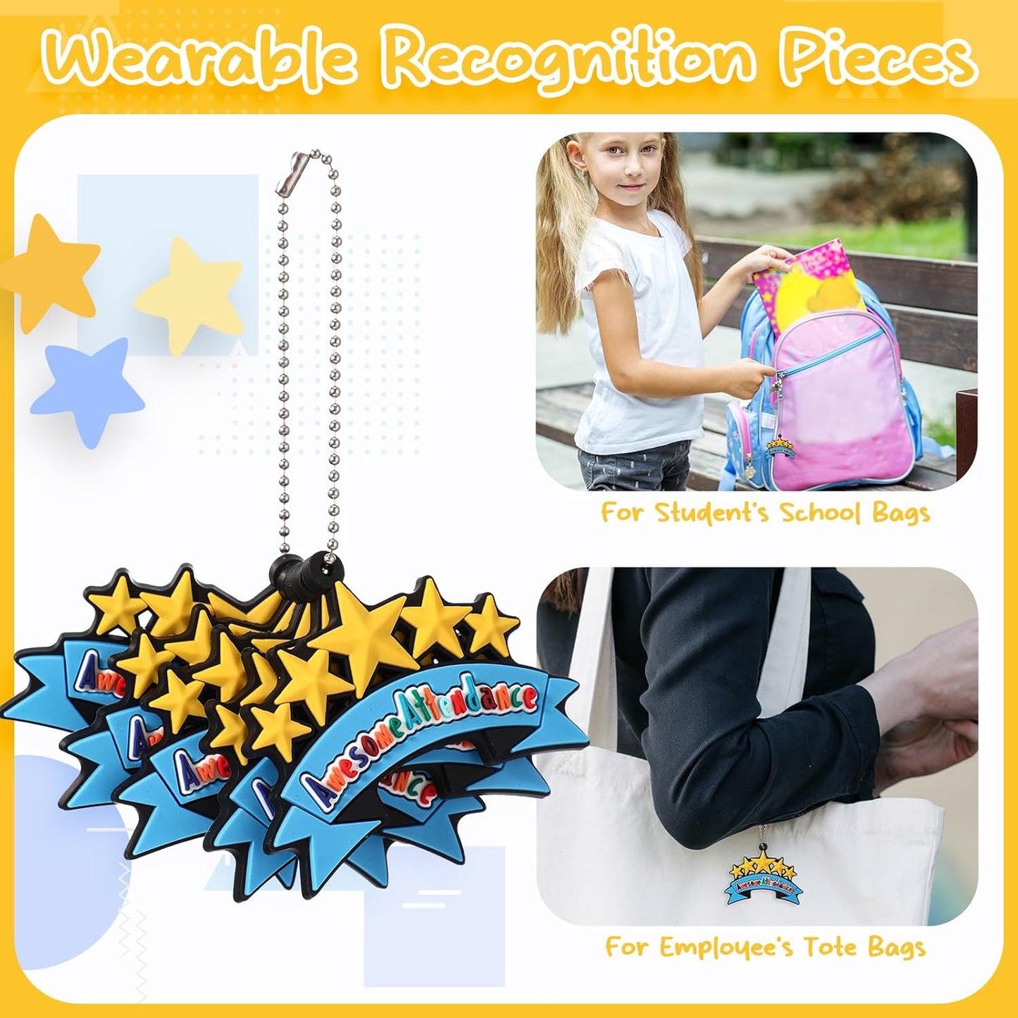 300 Pcs Awesome Attendance Silicone Tags with Chains, Motivational Brag Awards for Students, Classroom Incentives, Teacher Rewards, Reading Competition Prizes, Wearable Encouragement Gifts