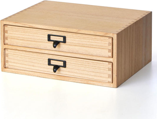 Kirigen Natural Wood Desktop Storage Cabinet -Shallow Type Drawers - Fax Stand with metal handle - Small File organizer Size 13.78"L*10.6"W*5.9"H(NA, 2-Layer &2 Drawers)
