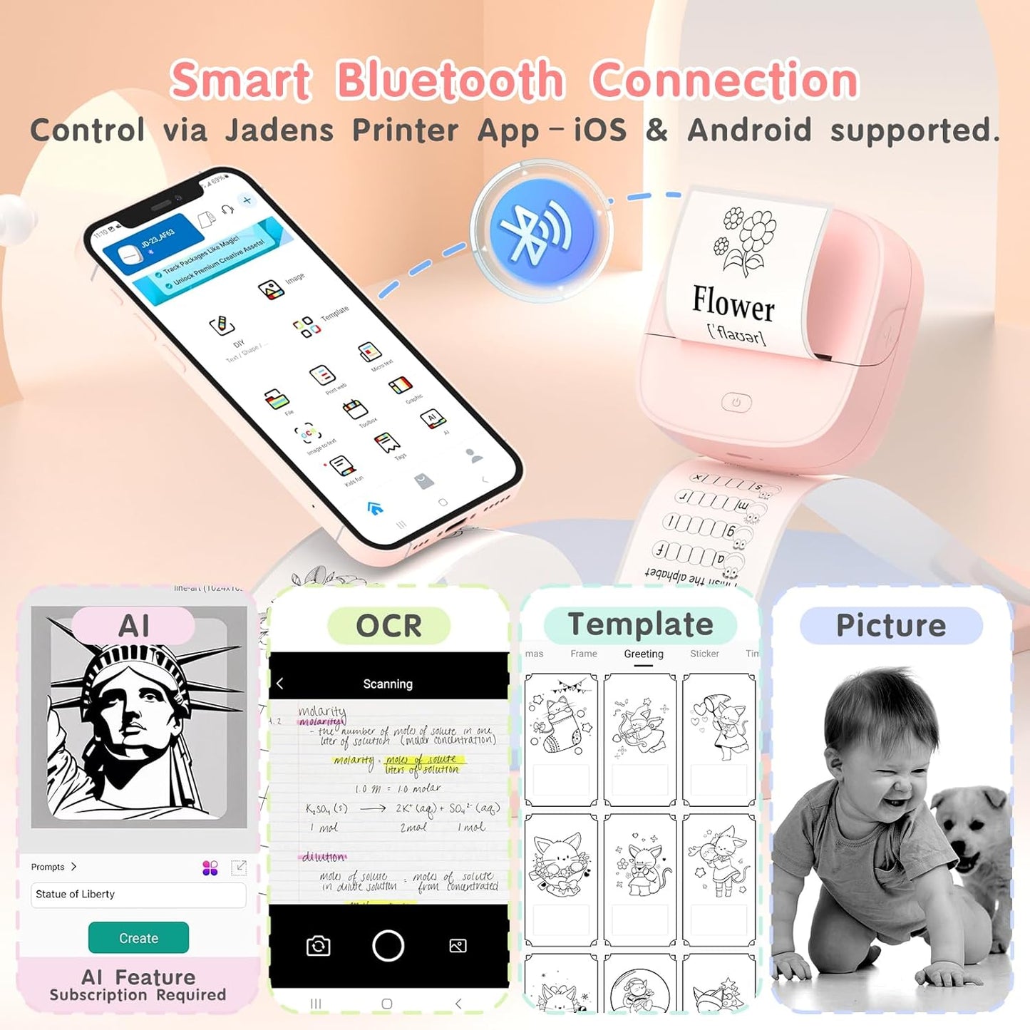 JD-23 Sticker Printer, Mini Portable Thermal Printer Print Pod, Inkless Bluetooth Label Maker Machine for DIY Crafts, Journaling, Office & Home Use, 2 Rolls Sticker Paper, Pink