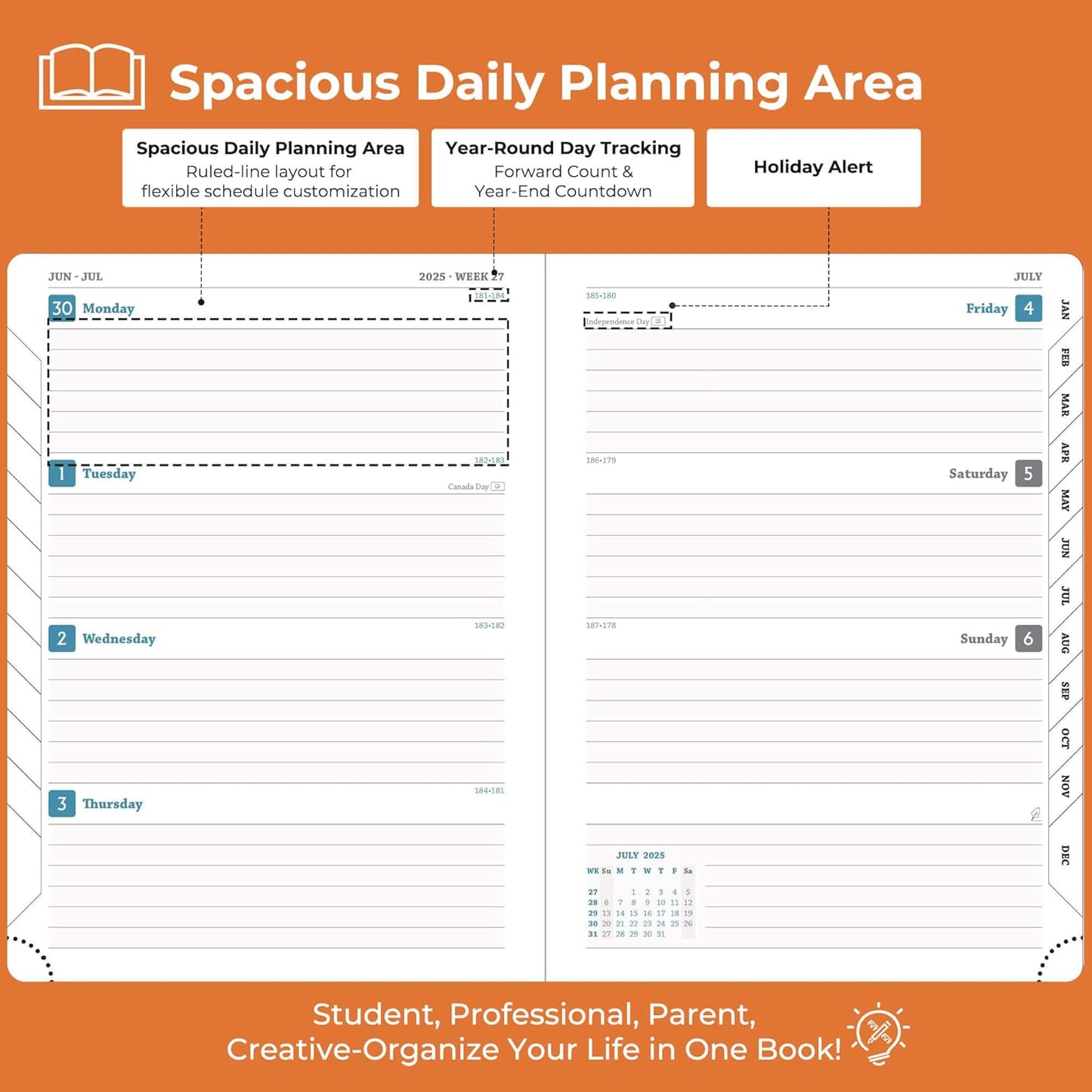 Planner 2025-2026 Daily Weekly and Monthly,11.5"x8.5",18 Months Spiral Bound Calendar Agenda with Self-adhesive Pen Holder,2026 Academic Plan with Vegan Leather Soft Cover,Orange