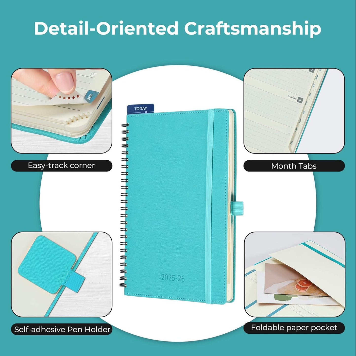 Planner 2025-2026 Daily Weekly and Monthly,8.5"x6.5",18 Months Spiral Bound Calendar Agenda with Self-adhesive Pen Holder,2026 Academic Plan with Vegan Leather Soft Cover,Light Blue