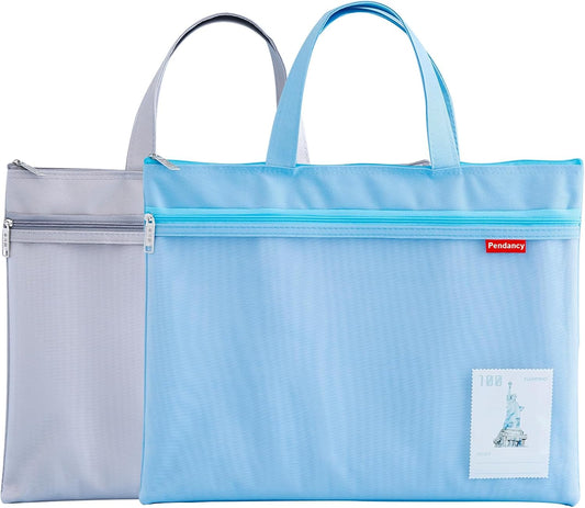 Pendancy Mesh Zipper Pouch 11x13.7 in, 2 pcs Large Double Pocket Waterproof File Bag with Handle, A4 Size Foldable Document Storage for Puzzle Project/Cross Stitch/Travel/Office（Gray Blue）