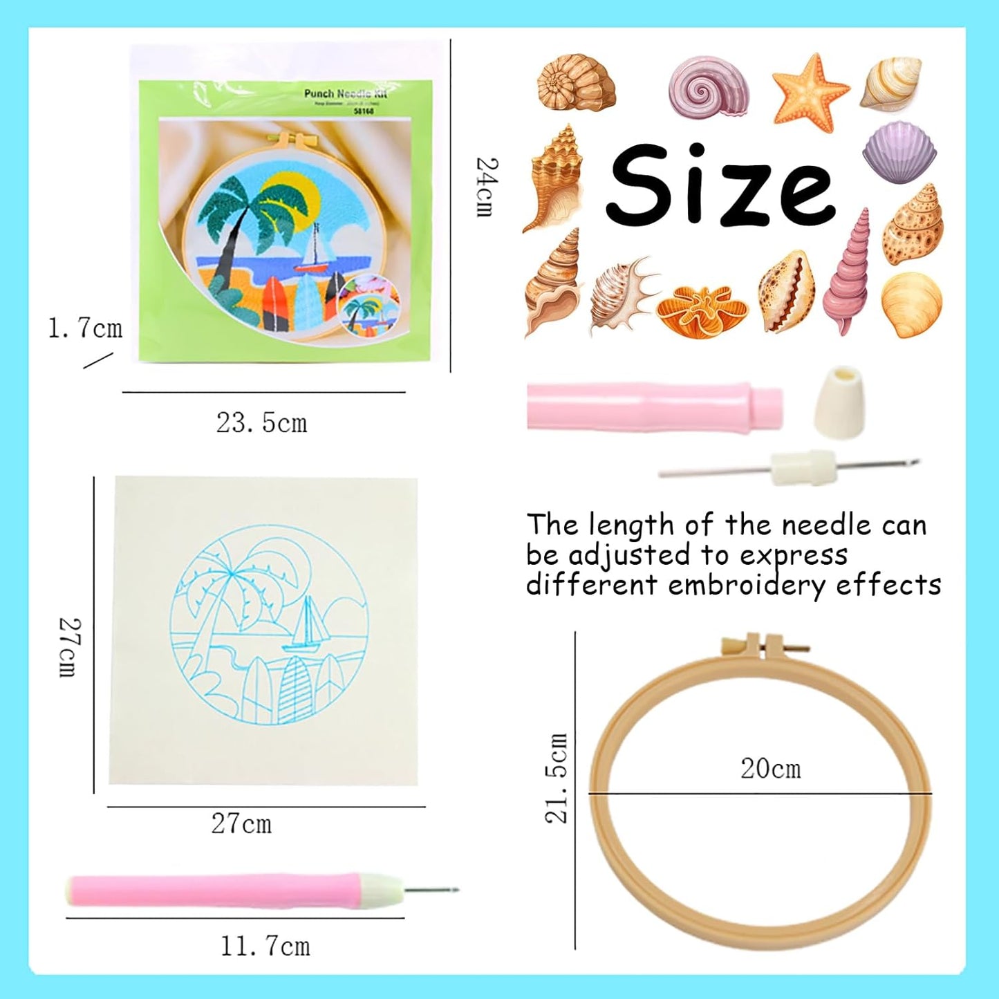 ILYUFO Punch Needle Kits Adults Beginner DIY Dreamy Beach Style 8 in Hoop Embroidery Set Starter Punch Needle Tool for Art Crafts, Ideal for All Ages, Perfect Festival Decoration & Gift (Swim)