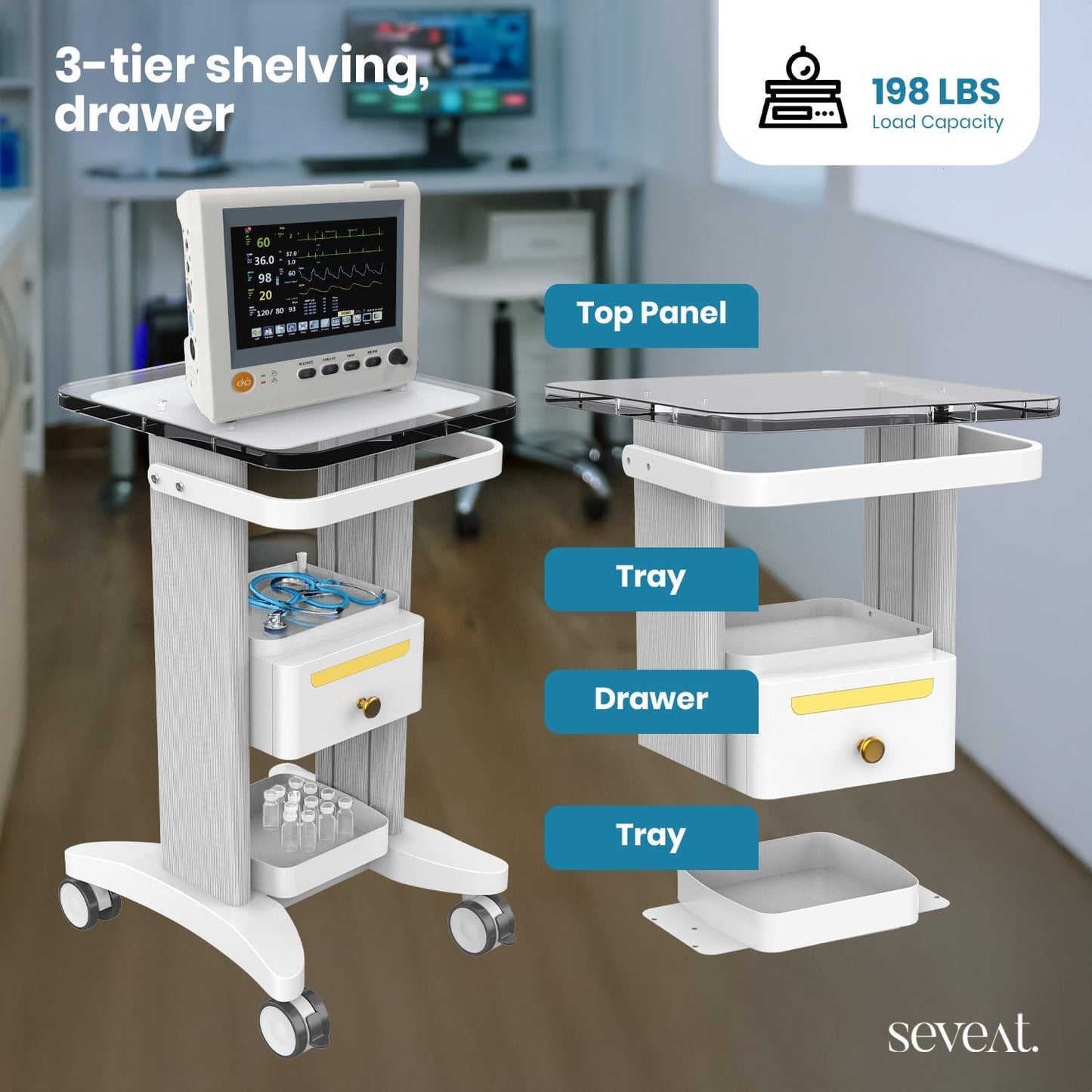Professional Medical Cart with Drawers, 3 Tier, 198 lbs Capacity, Portable Rolling Trolley for Home, Spa, Hospital, Office, Clinic (White)