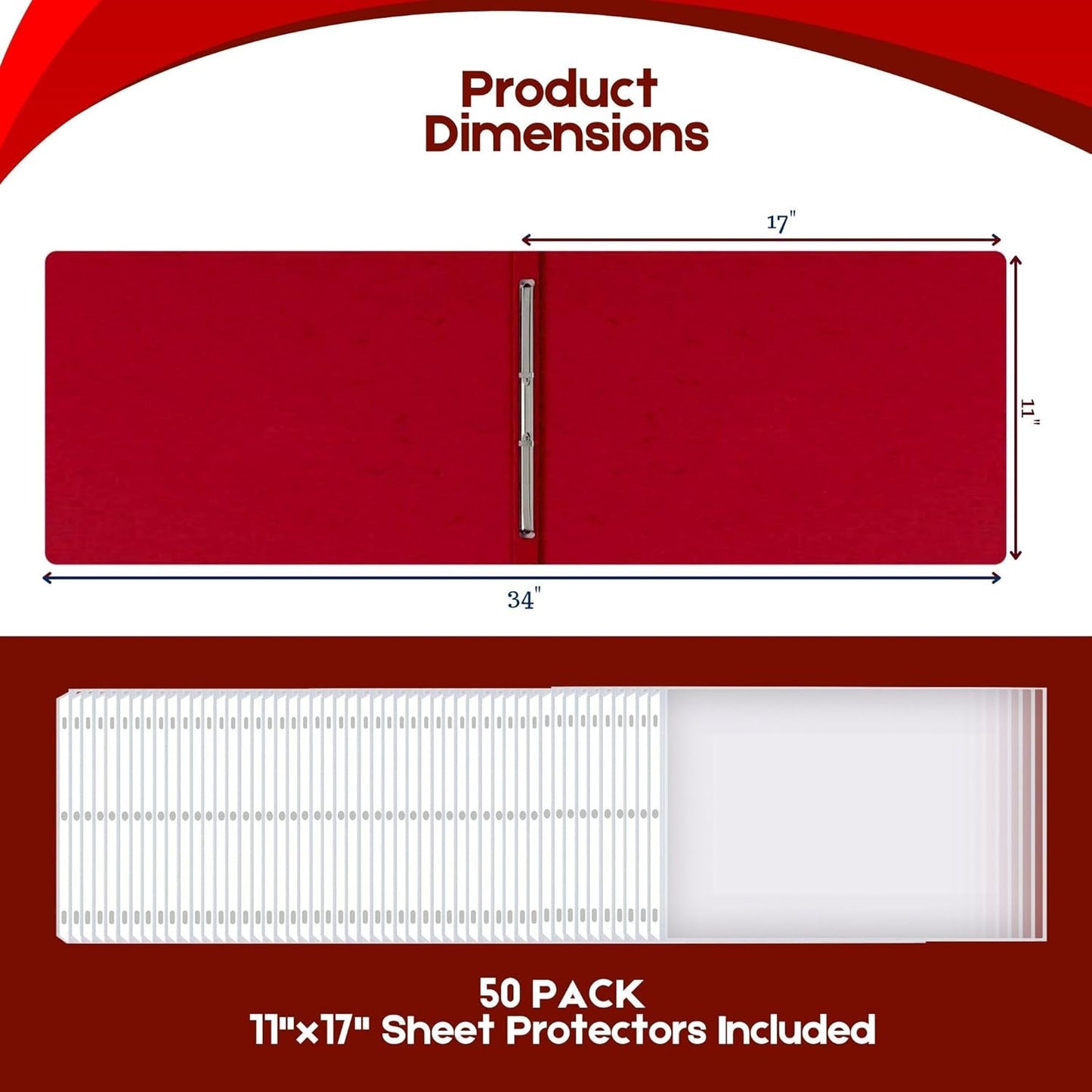 Performore 11x17 Landscape Presentation Binder Folders | Fiberboard Covers | 3-Inch Capacity | 50 Clear Sheet Protectors | Archival-Quality Document Storage | Pack of 10 (Red)