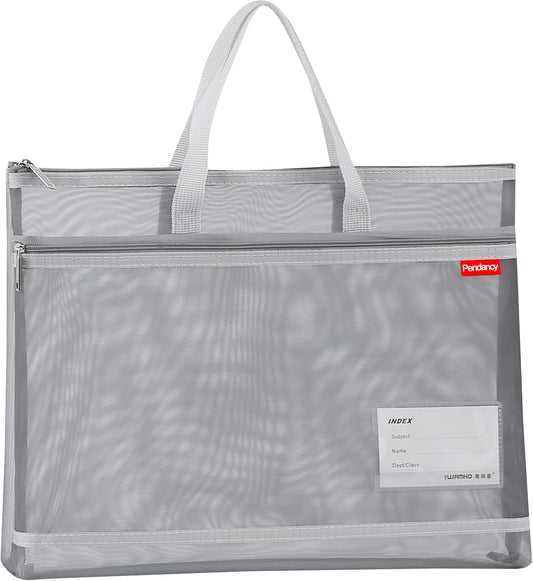 Pendancy Mesh Zipper Pouch A3 Size, Large Double Pocket Lightweight Nylon Transparent File Bag with Handle, 13x17 in Foldable Document Storage for Puzzle Project/Cross Stitch/Travel/Office (Gray)