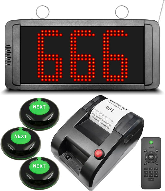Take a Number System Queue Wireless Calling System with 1 Electronic Number Display 3 Next Call Button 1 Ticket Dispenser Printer 57mm Thermal Receipt Paper Roll 1 Remote Control for Counter Window