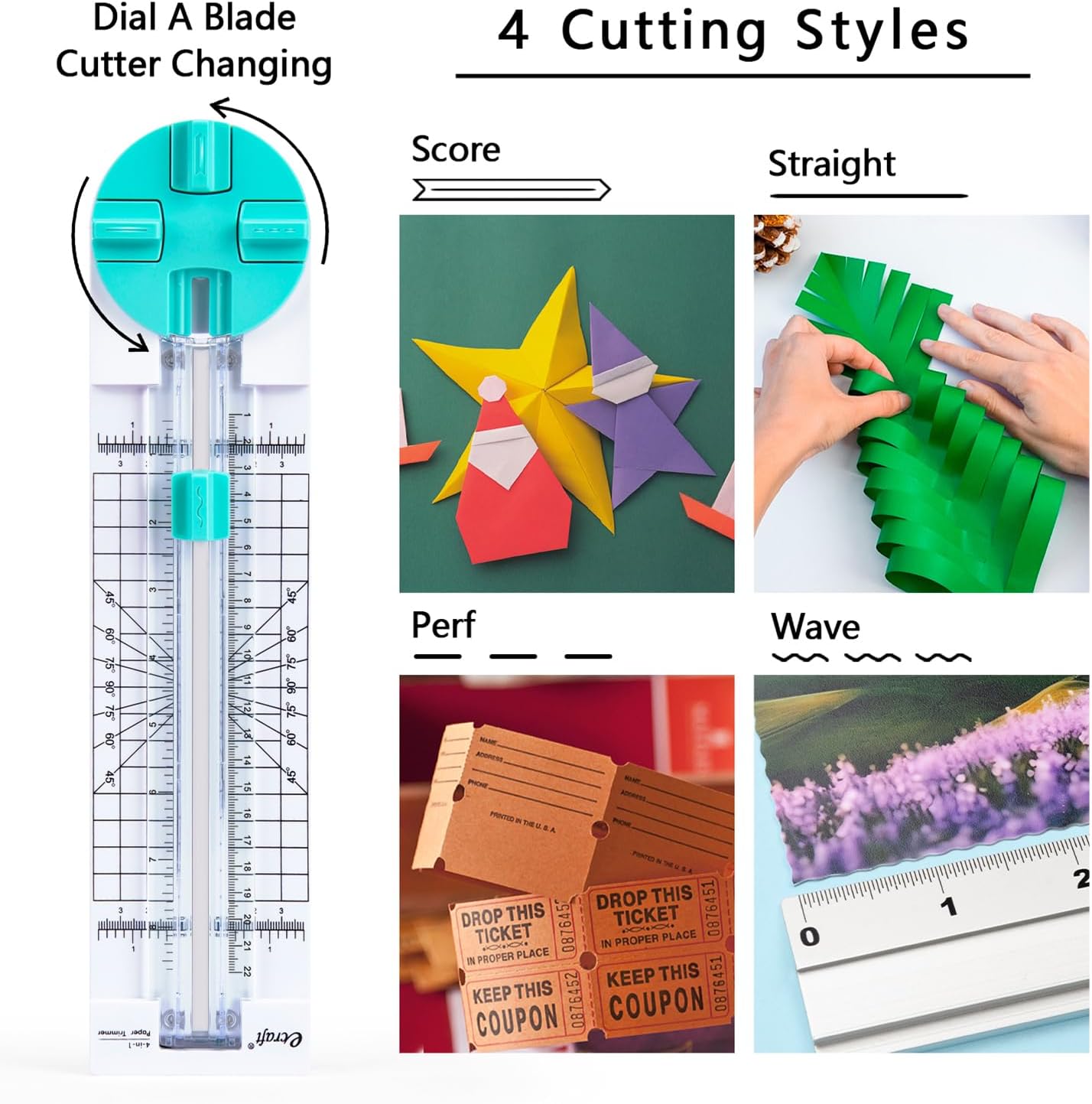 Paper Trimmer Craft Paper Cutter: 4 Style Multi-Function Scrapbooking Tool with Dial Blades of Straight,Wave,Dotted,Perforated,Creasing for Cutting Paper,Coupons,Photos,Postcards,Scrapbook,Card