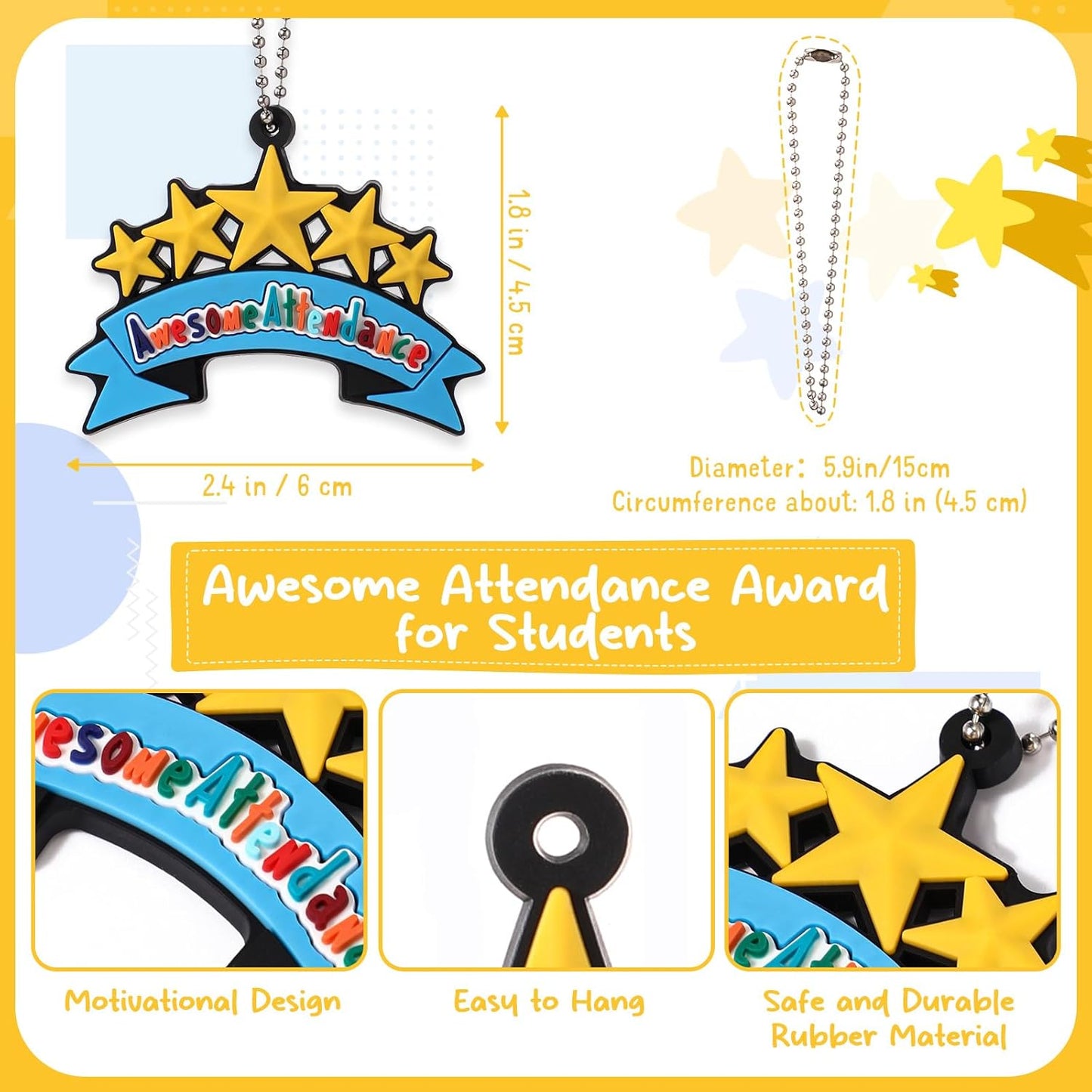300 Pcs Awesome Attendance Silicone Tags with Chains, Motivational Brag Awards for Students, Classroom Incentives, Teacher Rewards, Reading Competition Prizes, Wearable Encouragement Gifts