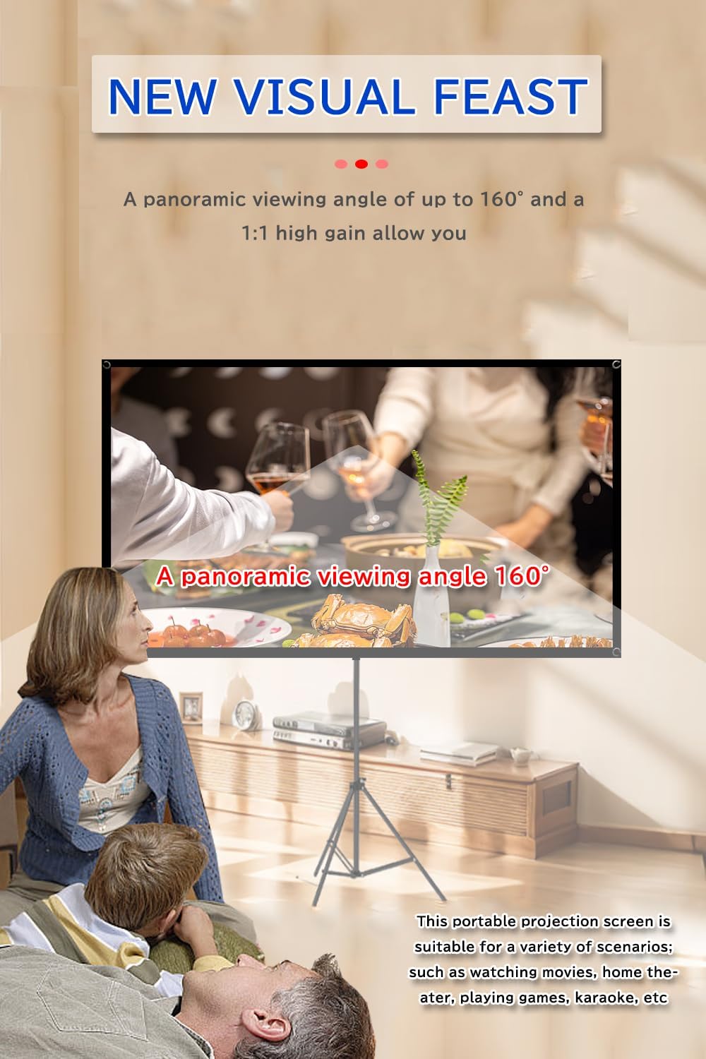 Projector Screen with Stand Outdoor 80 inch 4K HD 1.5-Gain Wrinkle-Resistant Movie Screen, 160° Viewing Angle, Projection Screen for Movie Night and Indoor 【80in】