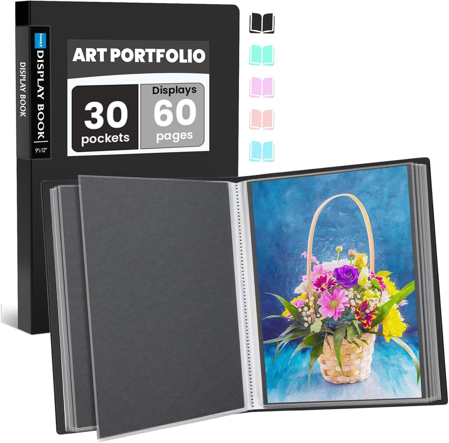 Sooez Art Portfolio 9x12, Binder with Plastic Sleeves, 30 Pockets Display 60 Pages, Black Mounting Paper, Presentation Book for Artwork, Folder with Clear Sheet Protectors for Office School Organizer