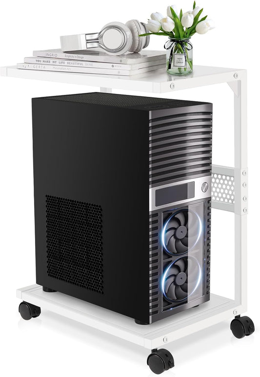 Liitrton PC Tower Stand 2-Tier CPU Stand with Locking Caster Wheels for Office & Home - Iron-White