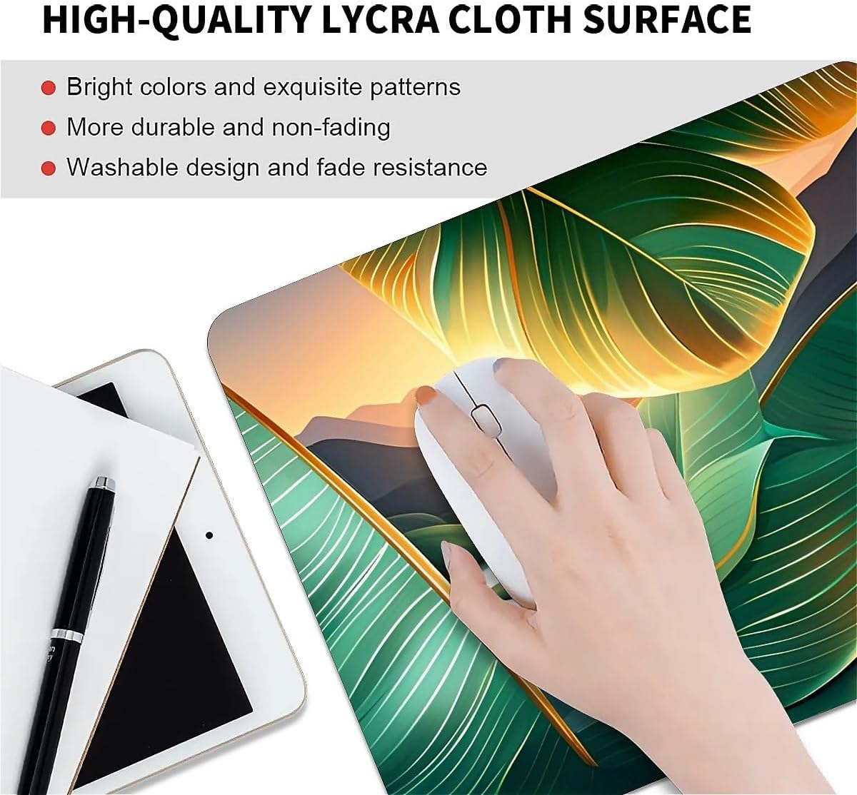 Square Mouse Pad Tropical Leaf & Mountain Sunset, Personalized Premium-Textured Custom Mouse Mat Design, Washable Mousepad Cloth, Non-Slip Rubber Base Computer Mouse Pads for Wireless Mouse