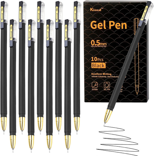 0.5mm Black Gel Pens, Fine Point Smooth Writing - Pack of 10 Bulk Ink, Rollerball Fine Tip Pens for Office School Archival Supplies