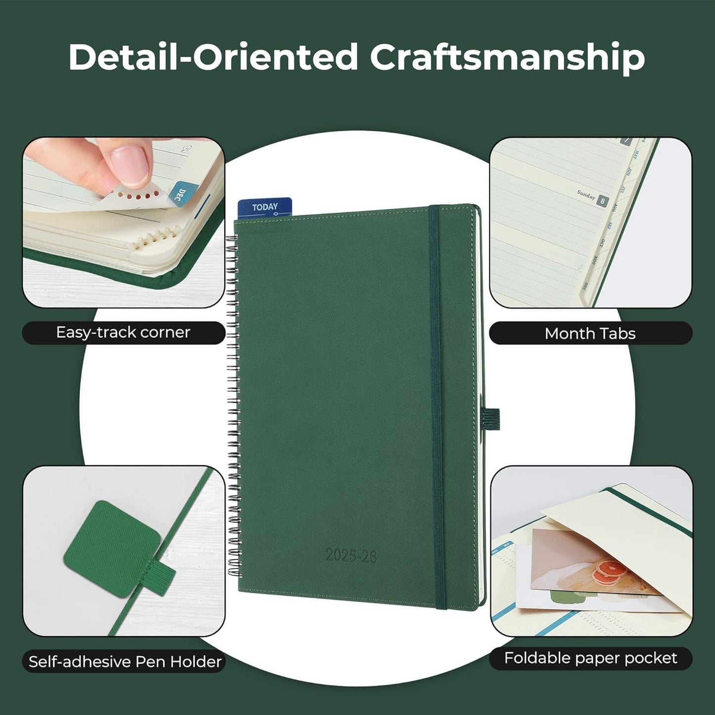 Planner 2025-2026 Daily Weekly and Monthly,11.5"x8.5",18 Months Spiral Bound Calendar Agenda with Self-adhesive Pen Holder,2026 Academic Plan with Vegan Leather Soft Cover,Green