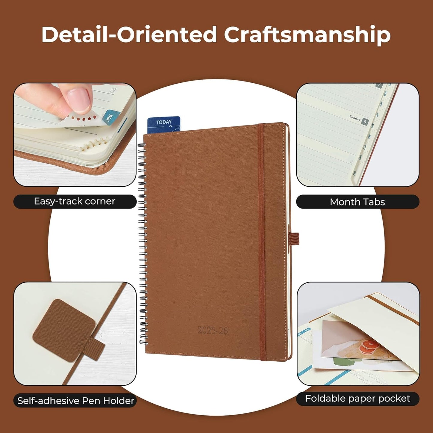 Planner 2025-2026 Daily Weekly and Monthly,11.5"x8.5",18 Months Spiral Bound Calendar Agenda with Self-adhesive Pen Holder,2026 Academic Plan with Vegan Leather Soft Cover,Brown