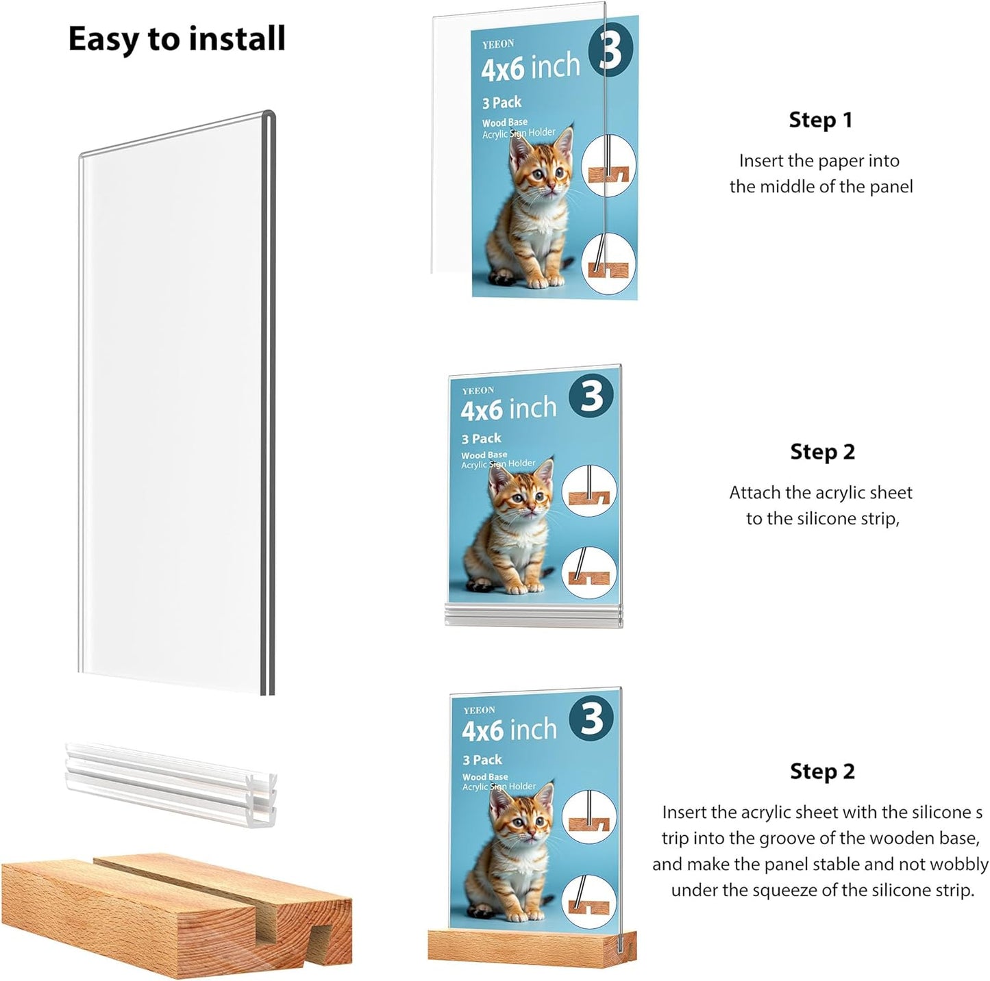 Acrylic Sign Holder with Wooden Base, Desktop Display Stand (4x6 3Pack)
