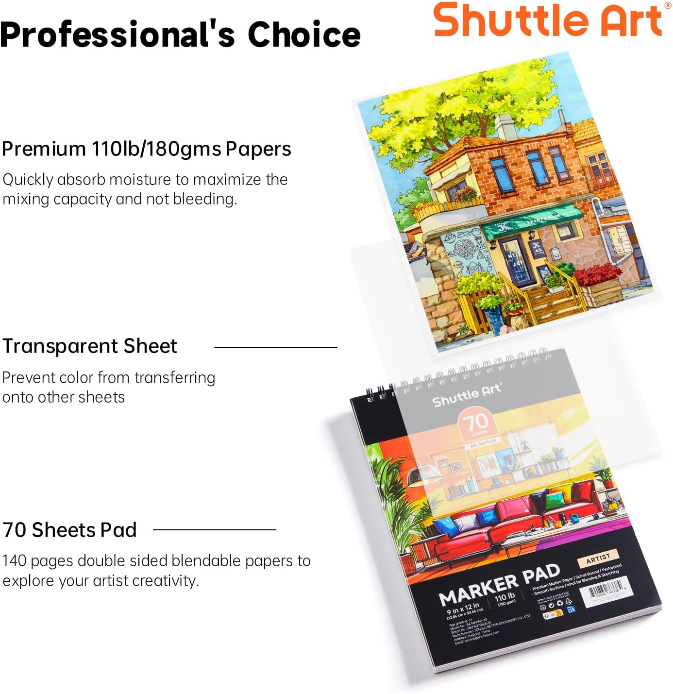 Shuttle Art Marker Pad, 12”x9” Portable Sketchbook, 70 Sheets Marker Drawing Paper, 110LB/180GSM Smooth Surface Bleedproof Art Paper, Spiral-Bound, Great for Artists to Draw, Paint & Sketch