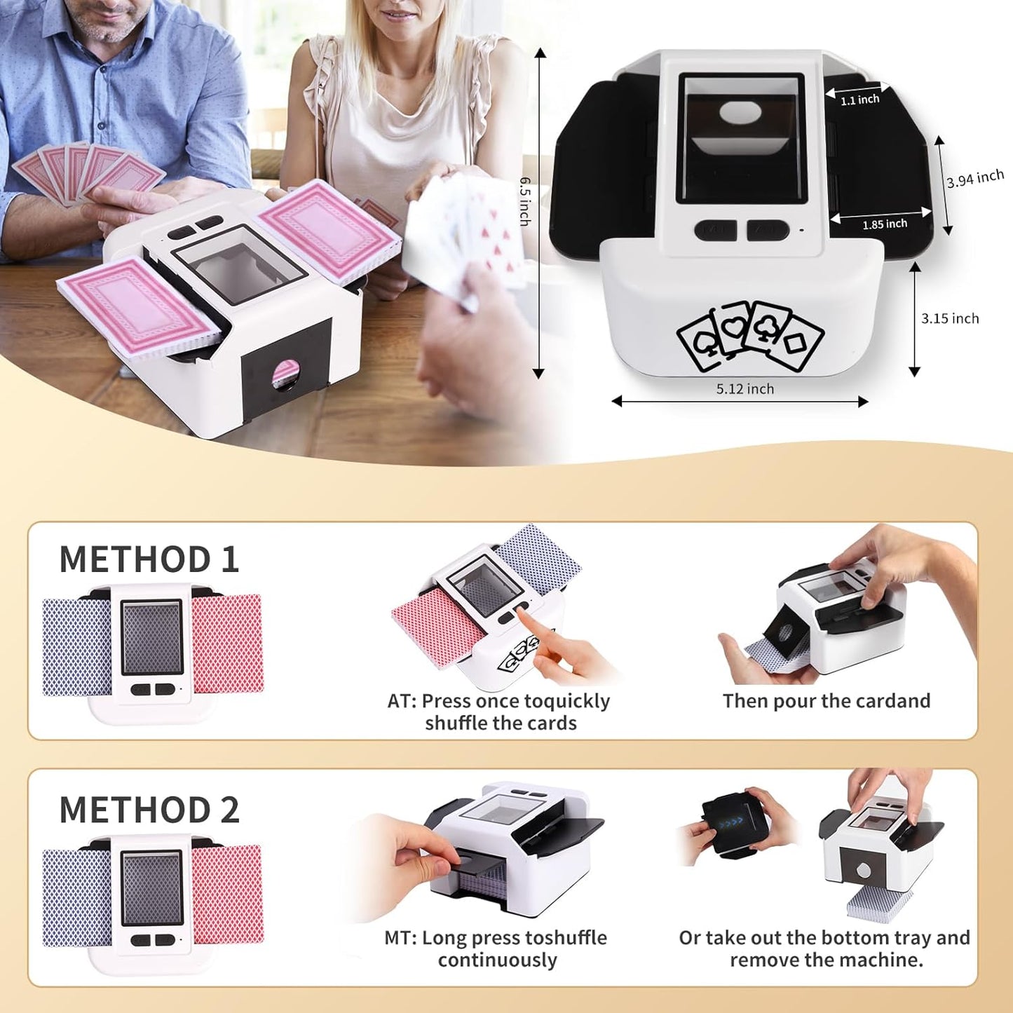 Rechargeable Automatic Card Shuffler 2 Decks, 2000 mAh Built in Battery USB-C Charge, Low Noise Fast Shuffler, Smart Auto Shuffler for UNO Poker Skip-Bo Canasta Texas Hold'em Skyjo