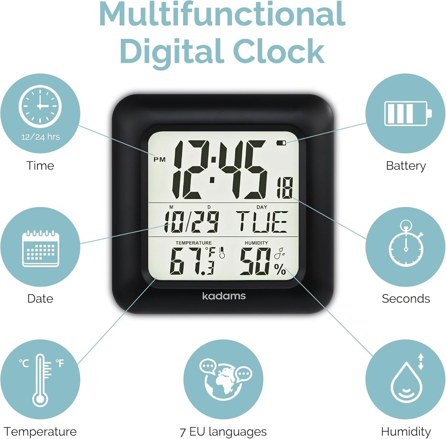 KADAMS Bathroom Clock 9.5" Kitchen Wall Clock with Large LCD Screen – Shower Clock with Suction Cup,Temperature, Humidity, Calendar – Water-Resistant, 4 Mounting Options, Black