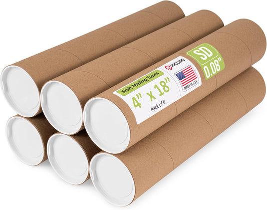 4" x 18" Reinforced Kraft Paper Mailing Tube, Pack of 6 Tubes with 12 Caps – Secure USPS Approved Poster Tube – Cardboard Tube for Shipping and Storing Posters, Prints, Artwork, or Documents