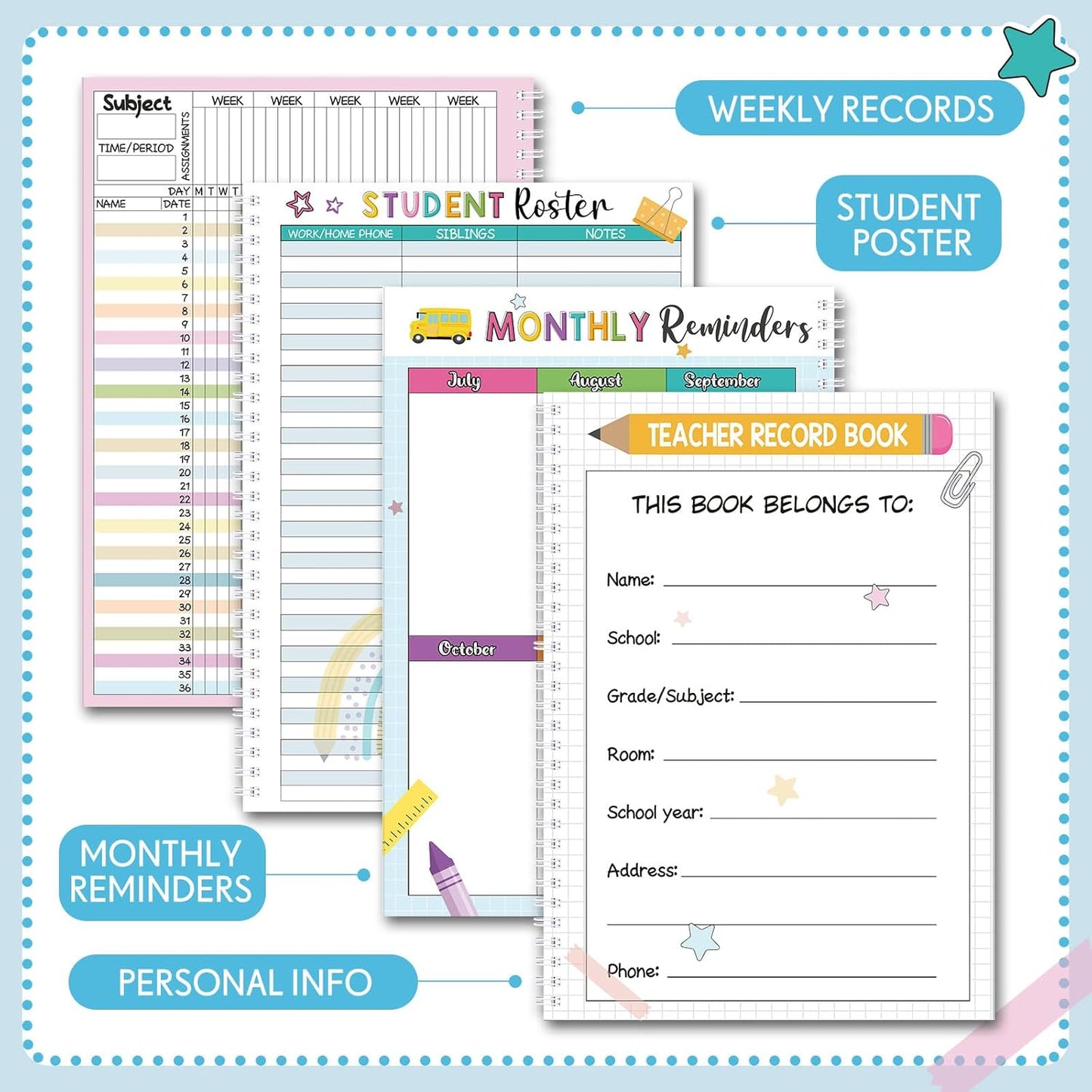 Fuyoooo Teacher Record Book Teacher Grade Books 2025-2026 Spiral Bound Record Class Grade Book Office Favors Gift for Classroom Attendance Supplies Decoration Double Sided(Black Dots)