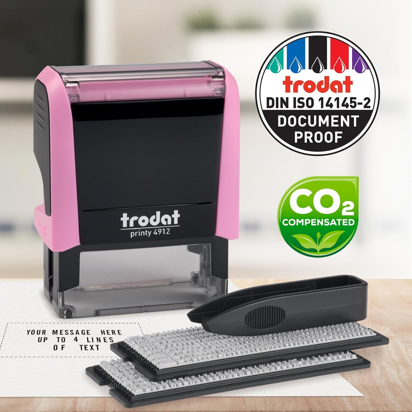 Trodat Printy 4912 Self Inking Do it Yourself (DIY) 4 line Personalized Custom Message or Address Stamp kit with Black Ink, Impression Size: 3/4” x 1-7/8” inch (Pink)