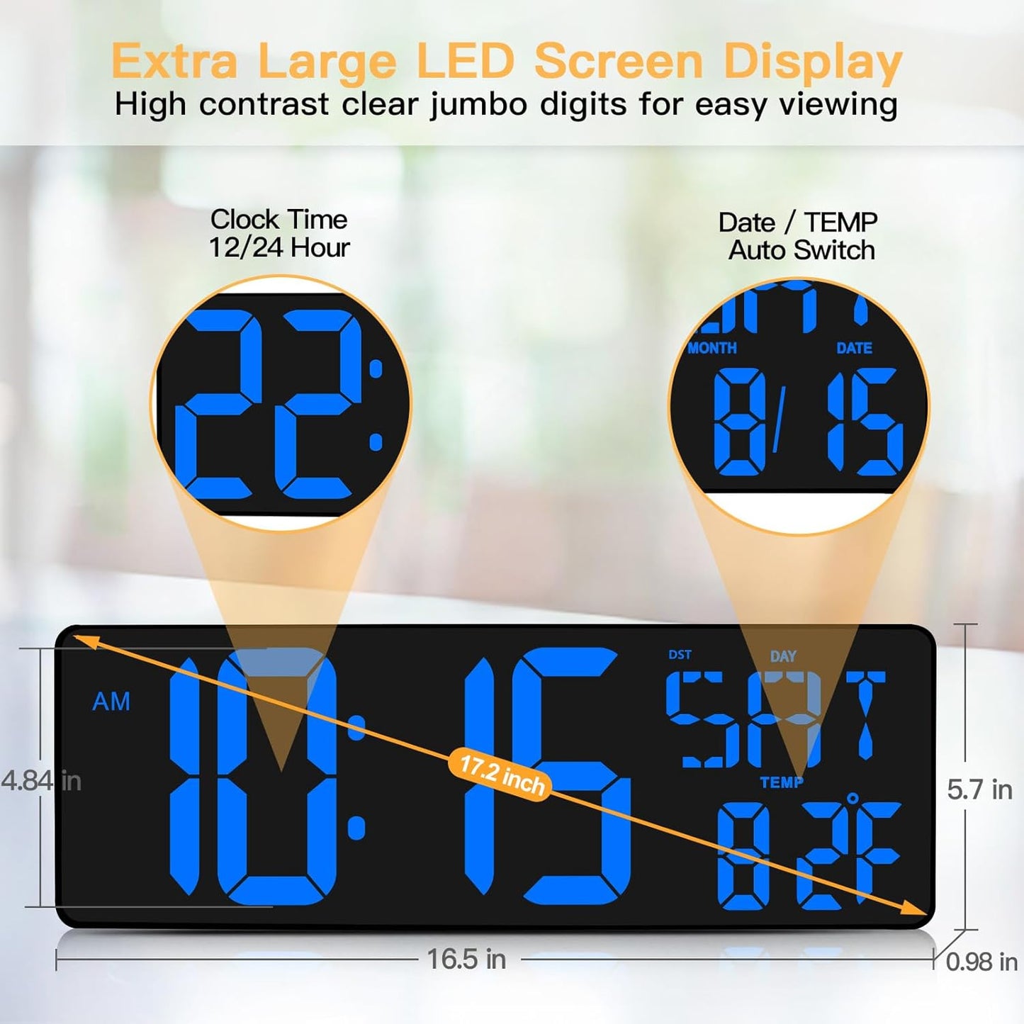 XREXS Large Digital Wall Clock with Remote Control, 16.5 Inch LED Large Display Count Up & Down Timer, Adjustable Brightness Plug-in Alarm Clock with Day/Date/Temperature for Home, Gym, Office