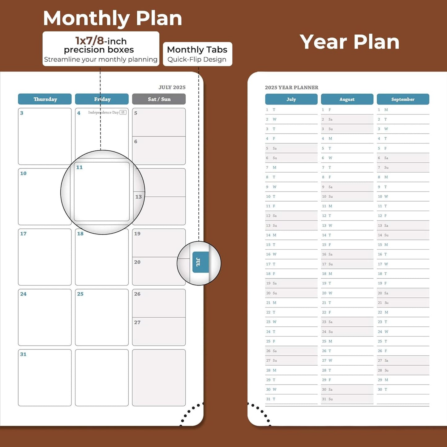 Planner 2025-2026 Daily Weekly and Monthly,6.5"x3.75",18 Months Spiral Bound Calendar Agenda with Self-adhesive Pen Holder,2026 Academic Plan with Vegan Leather Soft Cover,Brown