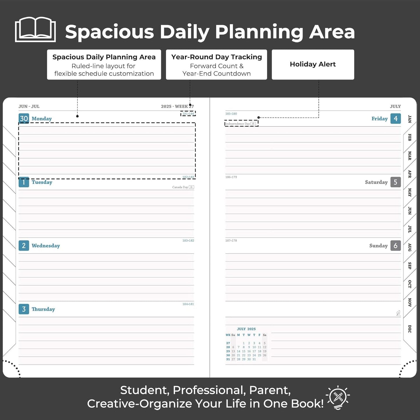 Planner 2025-2026 Daily Weekly and Monthly,11.5"x8.5",18 Months Spiral Bound Calendar Agenda with Self-adhesive Pen Holder,2026 Academic Plan with Vegan Leather Soft Cover,Black