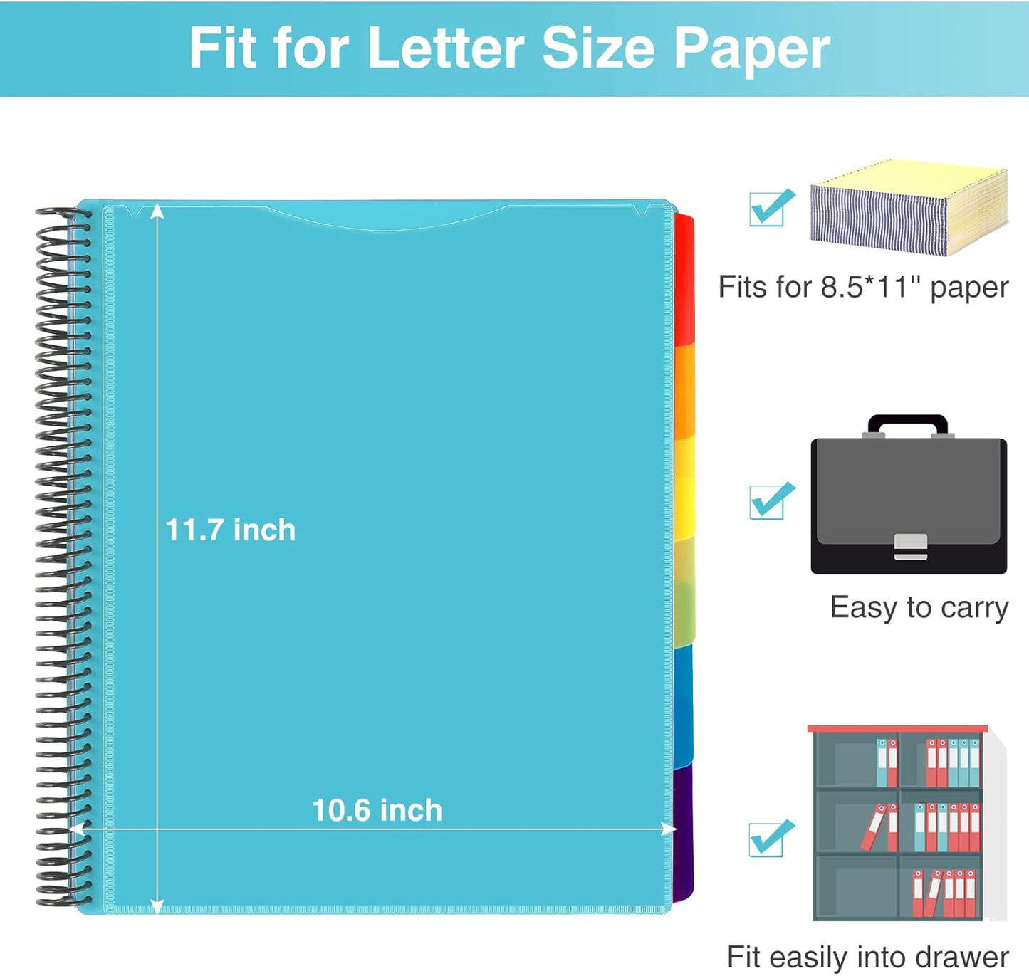 12 Pocket Project Organizer, Forvencer 1/6-cut Tab Binder Organizer with Sticky Labels, Multi Pocket Folder with Zipper Pouch, Folder Binder Spiral Pocket Notebook, Office Supplies, Letter Size, Blue