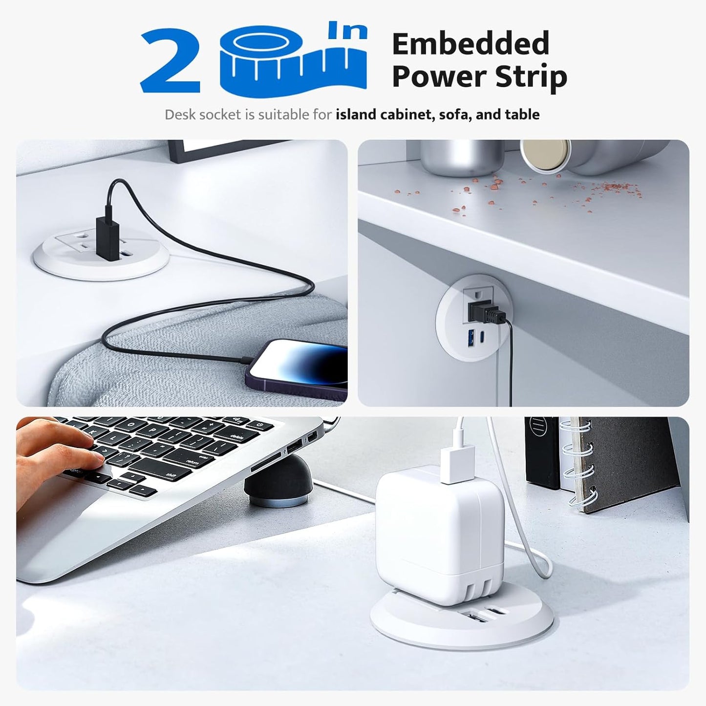 Recessed Power Grommet with 20W USB C Fast Charging, 2 inch Conference Recessed Outlet,Flush Mount for Desk,Office Tables,Furniture,6FT Cord, 45° Thin Flat Plug, White