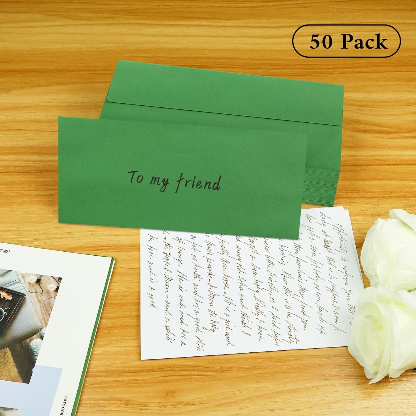 50 Pack #10 Business Envelopes, Green Standard Envelopes Self Seal, Letter Size Mailing Envelopes for Checks Letters Invoices Statements Birthday Graduation Wedding, 4 1/8 x 9 1/2 Inch