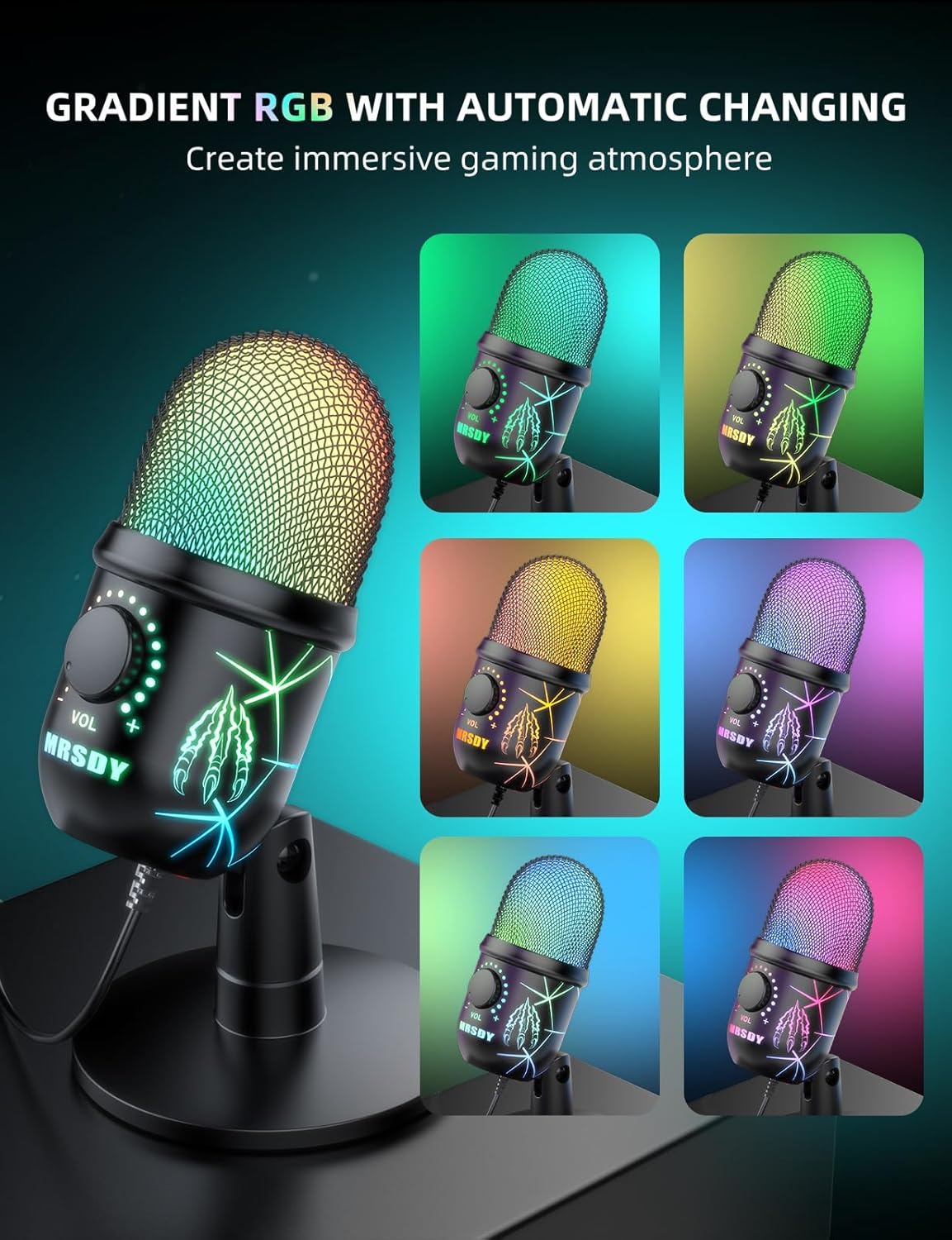 USB Gaming Microphone for PC, Mac, PS4, PS5, Computer Mic with Noise Reduction, Monitor, Mute and RGB, Great for Recording, Streaming, Podcasting