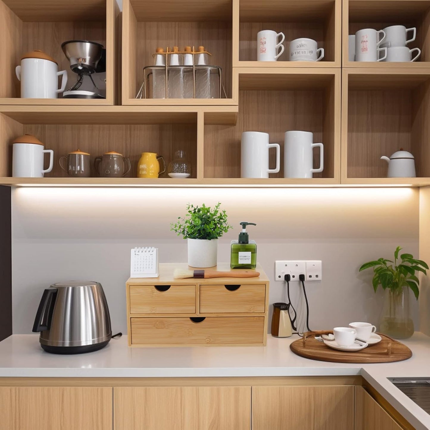 Bamboo Desk Organizer With Drawers Countertop Drawers 3 Drawers Counter Storage Box Corner Desk Organizer for Home Office No Assembly Required