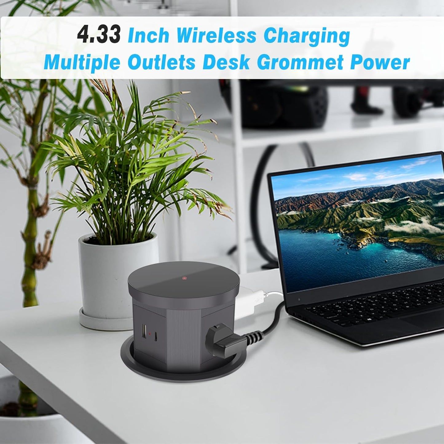 Automatic Pop Up Outlet, 4.33 inch Pop Up Outlet for Countertop with 15W Wireless Charger 3 AC Plug 1 USB-A 1 USB-C Hidden Outlet 5 FT Cord for for Kitchen/Home/Office (Grey)