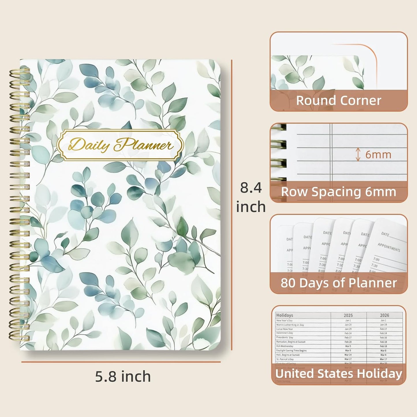 Undated Daily Planner - Spiral Notebook 80 Days One Day Per Page, Hourly Schedule, To-Do List, Notes, Everyday Planning Task, A5 Hardcover Journal Organizer Book Women Cute Aesthetic, Spring