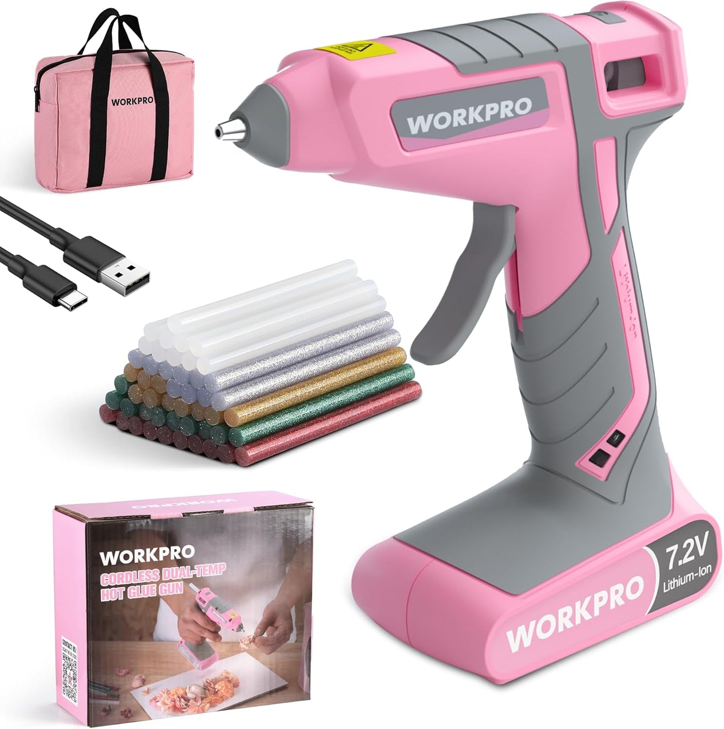 WORKPRO Cordless Hot Glue Gun, 30s Fast Preheating, 7.2V Dual-Temp Glue Gun Kit with 50pcs Glue Gun Sticks, Storage Bag, USB-C Charging Cord, 2600mAh Battery for DIY and Crafting