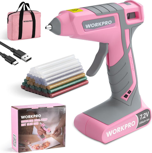 WORKPRO Cordless Hot Glue Gun, 30s Fast Preheating, 7.2V Dual-Temp Glue Gun Kit with 50pcs Glue Gun Sticks, Storage Bag, USB-C Charging Cord, 2600mAh Battery for DIY and Crafting