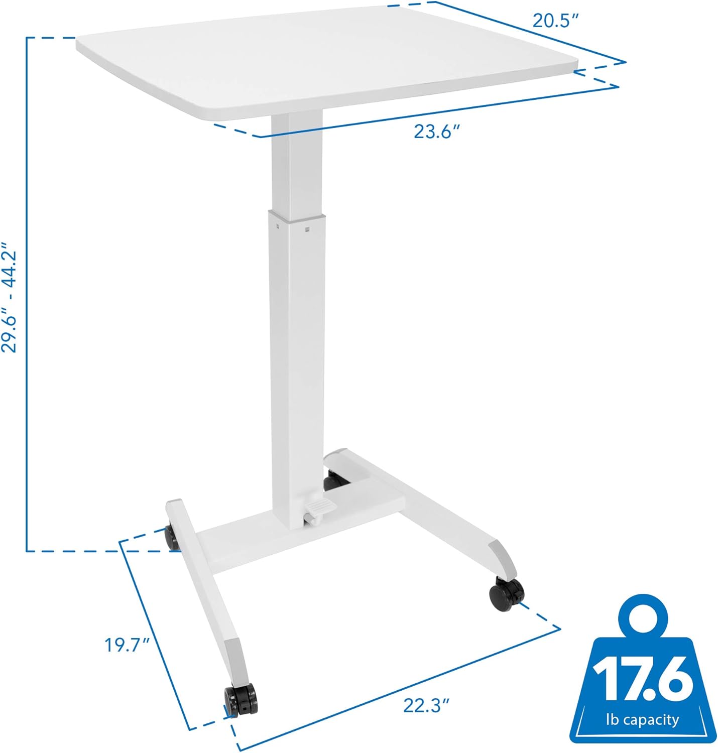 Mount-It! Rolling Laptop Desk Adjustable Height (29.6”-44.2”), Mobile Workstation Cart with 23.6” x 20.5” Desktop, Small Sit-Stand Desk for Home, Office, or Classroom in White