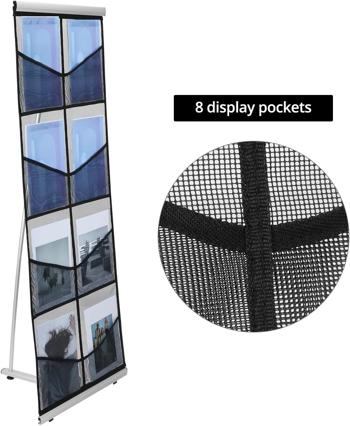 QWORK Portable Mesh Brochure Holder with 8 Pockets, Collapsible Design Standing Brochure Holder, 20" x 14" x 54" Metal Stability Stand
