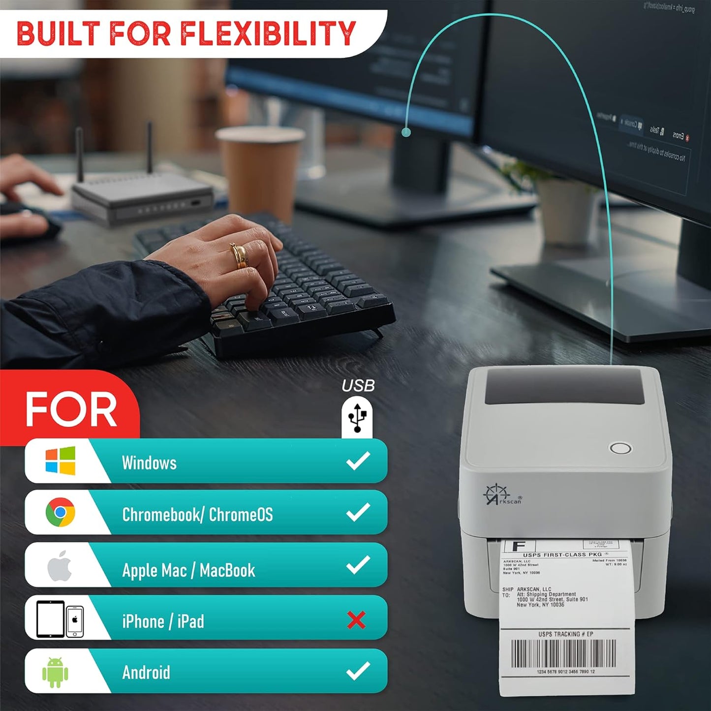 2054K-USB Upgraded 2054A Shipping Label Printer for Windows Mac Chromebook, Support Amazon Ebay Paypal Etsy Shopify ShipStation UPS USPS FedEx, fit Roll & Fanfold 4x6 Direct Thermal