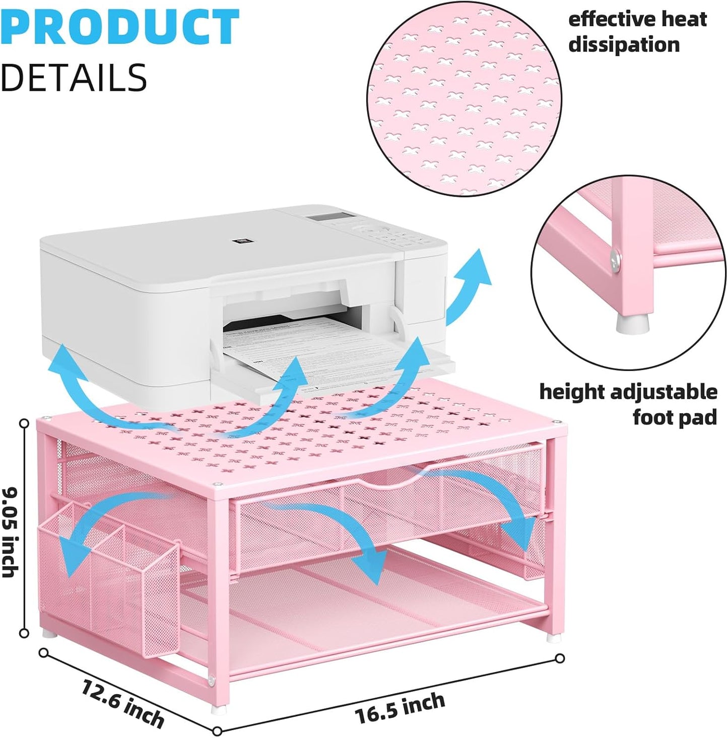 Marbrasse Metal Printer Stand for Desk with Storage Drawer and 2 Pen Holders, 2-Tier Desktop Organizer Printer Table for Home Office, Multi-Purpose Desk Organizer for Fax Machine Scanner Files(Pink)