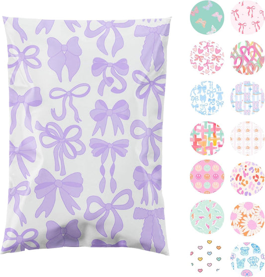 6x9 Designer Poly Mailer 100 Pack Heavy Duty Waterproof Self Seal Shipping Bags for Small Business Large Mailing Envelopes Bulk Tear Resistant Packaging Purple Bows